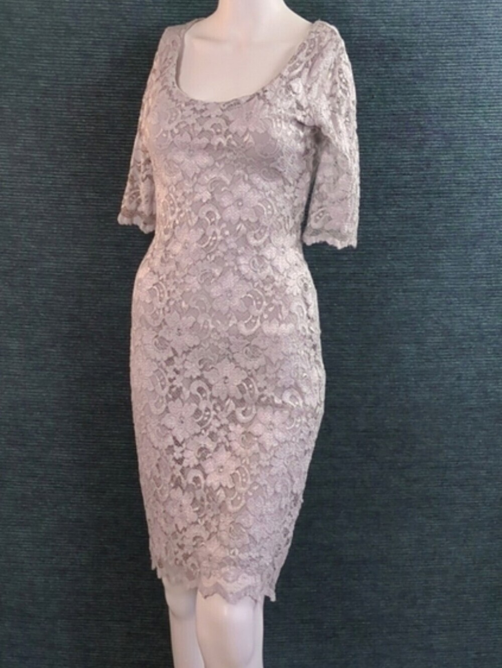 Belle BadgleyMischka Silver Lace Cocktail Dress